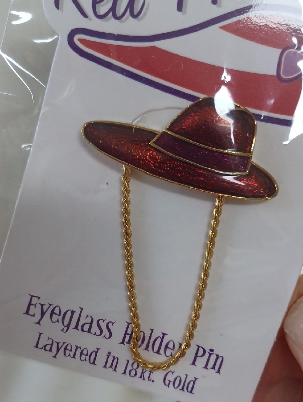 New Layered In 18K gold Red H'attitude Red Enamel Hat Eyeglass Holder Pin - Picture 2 of 9